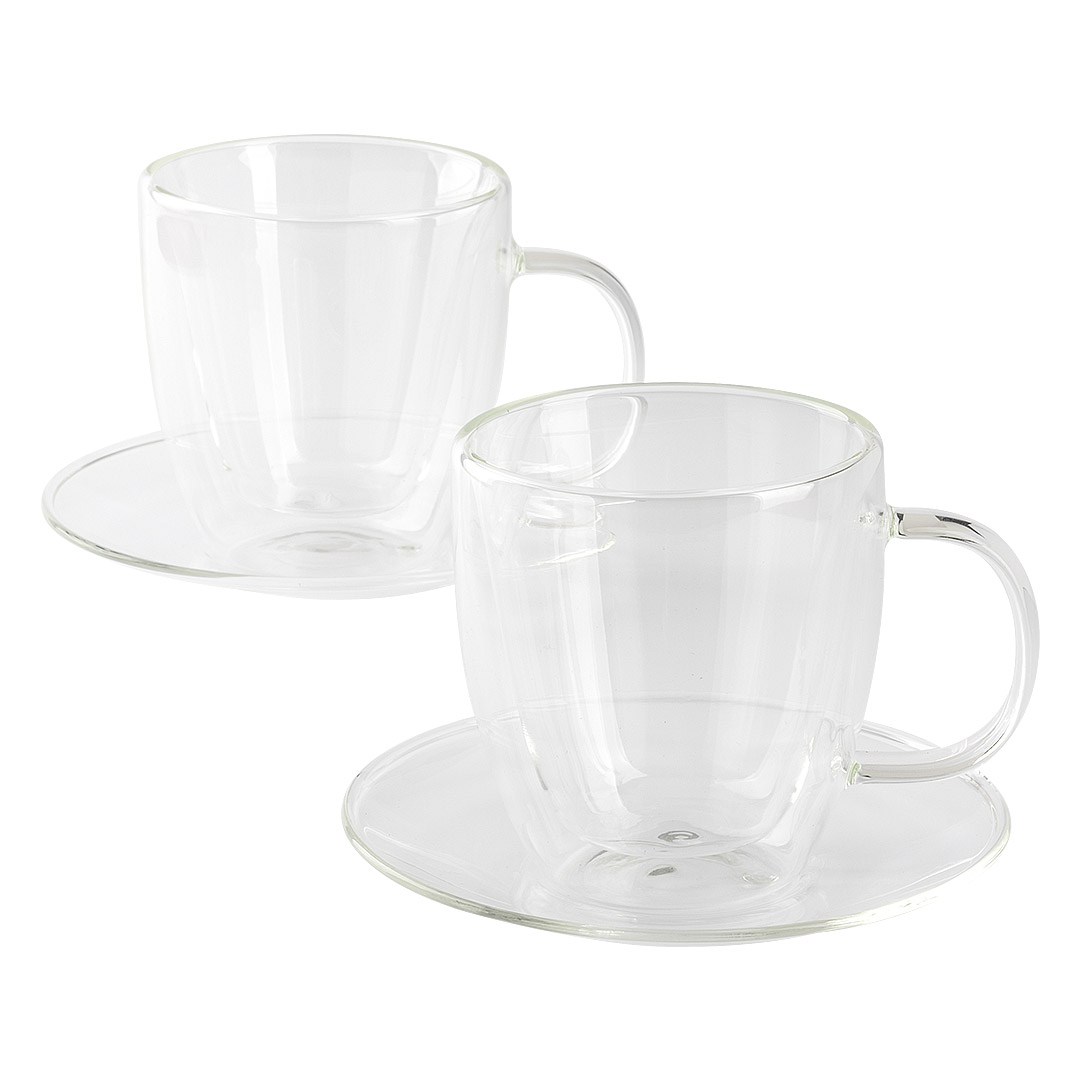 PIGNA MIDI Set od dve staklene šolje sa tacnama za cappuccino sa dvostrukim zidom, 2 x 150 ml